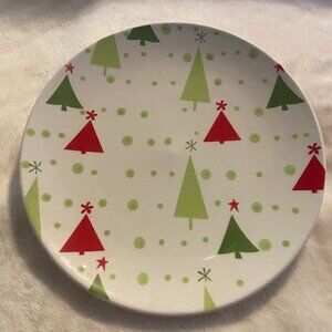 Pier 1 "Trees" Dessert Plate ~ 7 7/8 inch Diameter ~ Christmas Trees/Polka Dots